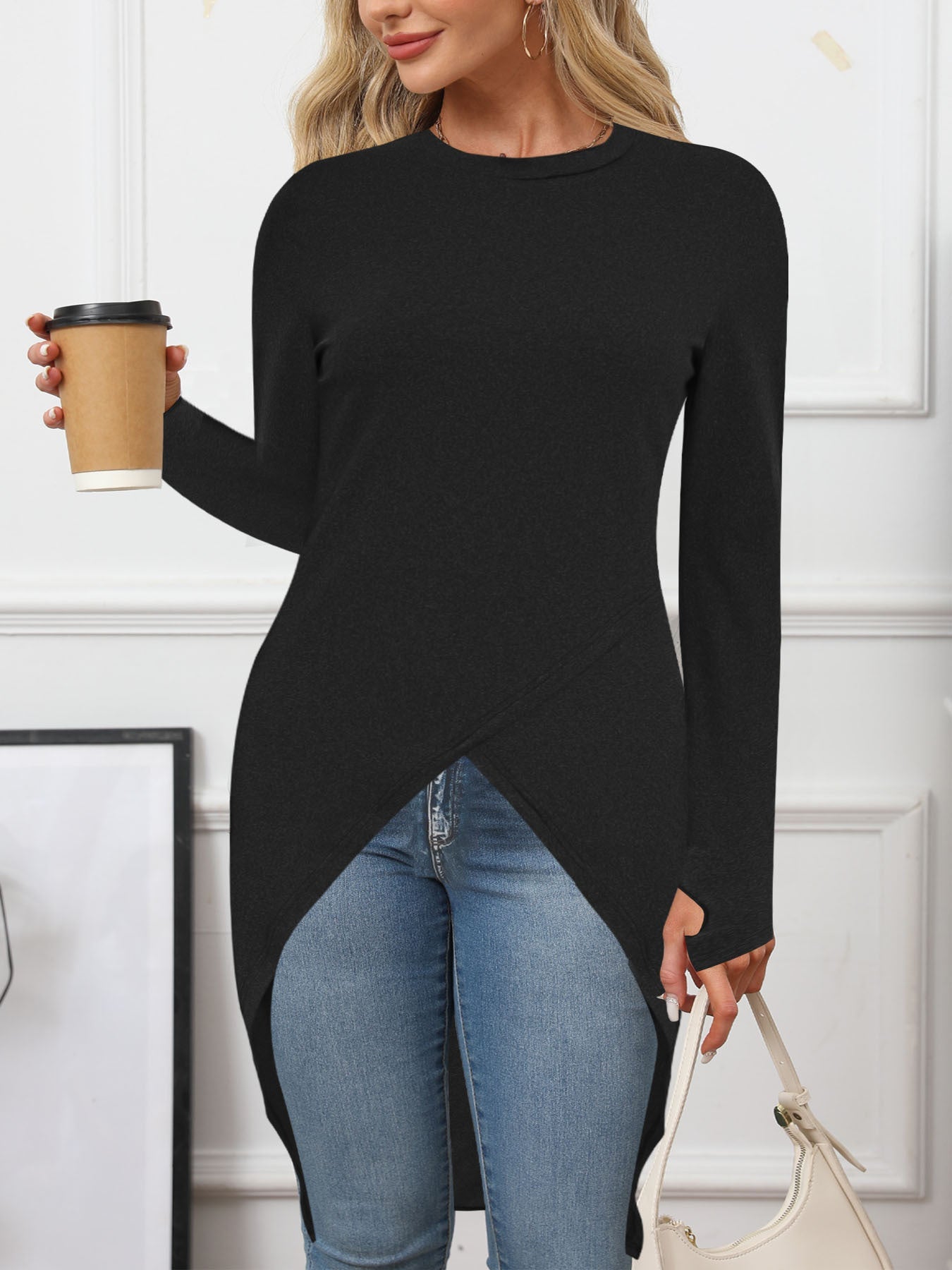 Women's asymmetric long tunic top with sophisticated wrap design WW