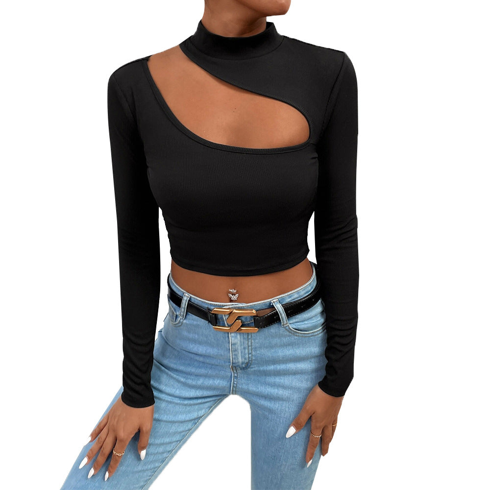 Women's asymmetric long-sleeved crop top with creative cut-out design W&W