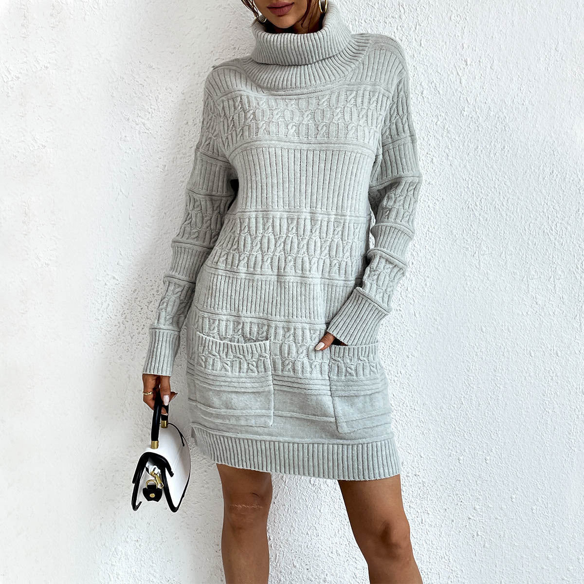 Women's knitted dress with high turtleneck and textured pattern WW