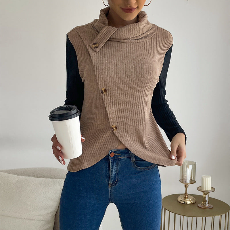Women's asymmetric wrap top with high collar and decorative buttons WW