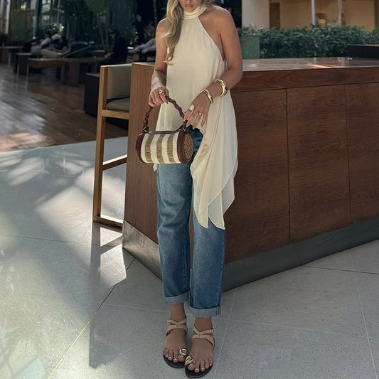 Women's asymmetric top with stand-up collar and flowing cut WW