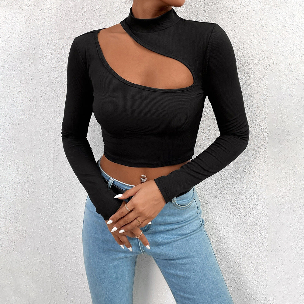 Women's asymmetric long-sleeved crop top with creative cut-out design W&W