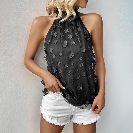 Women's floral design top with high collar and airy fit WW