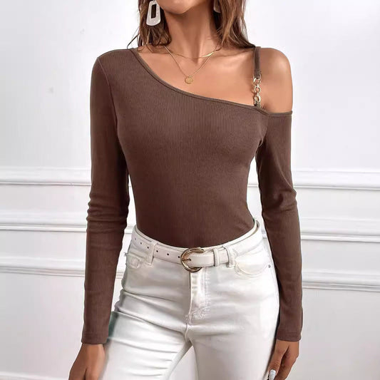 Women's asymmetric long-sleeved top with fashionable chain detail W&W