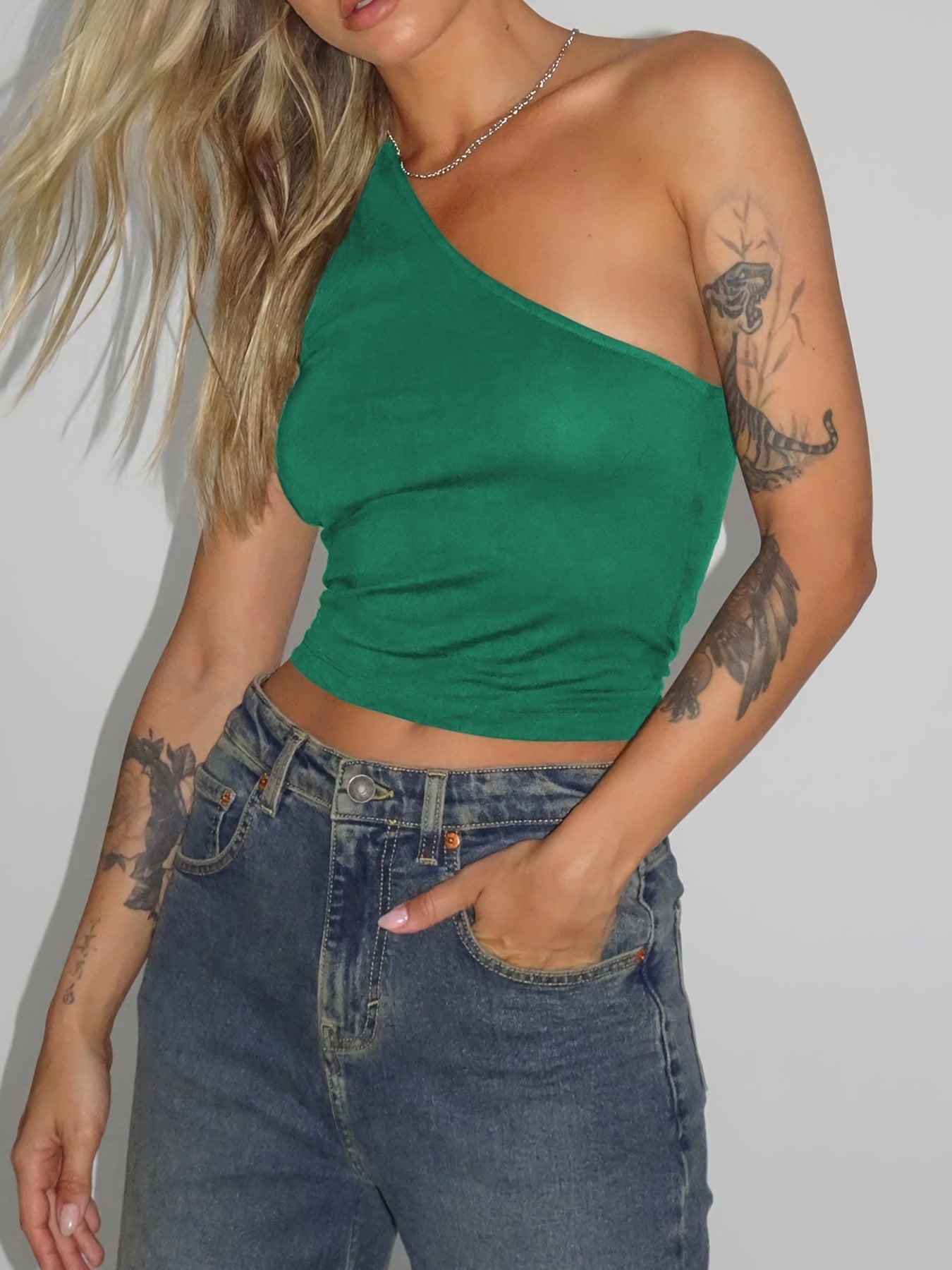 Women's asymmetric crop top made of stretch fabric with a slim fit WW