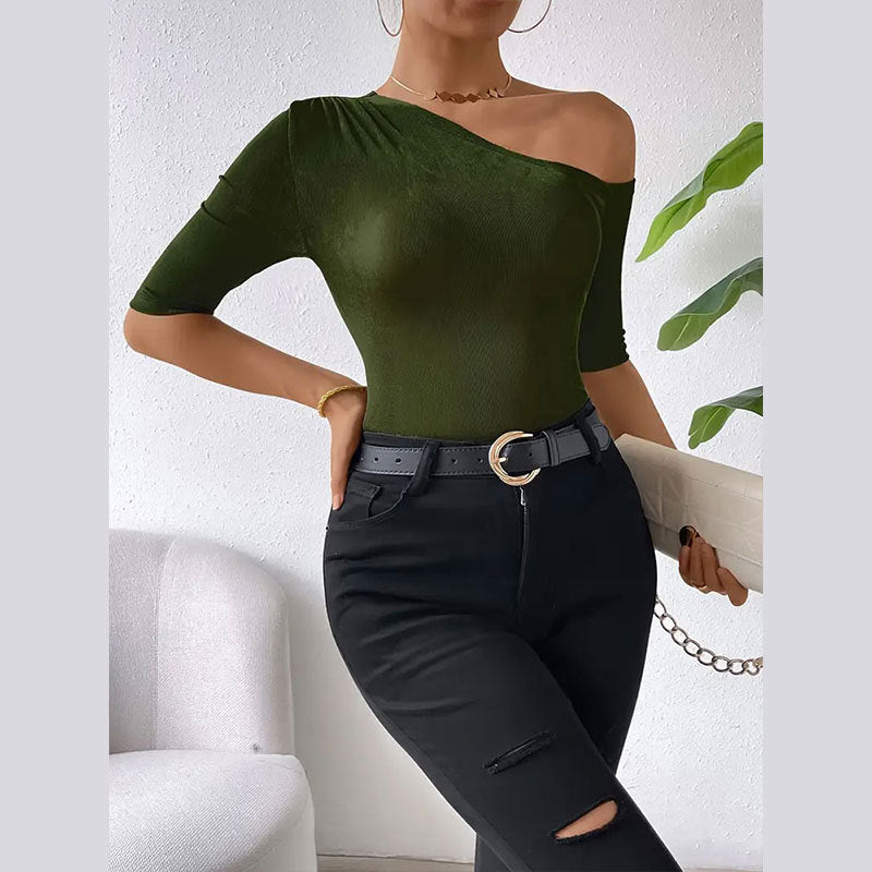 Women's asymmetric top with elegant one-shoulder design and soft flowing fabric W&W