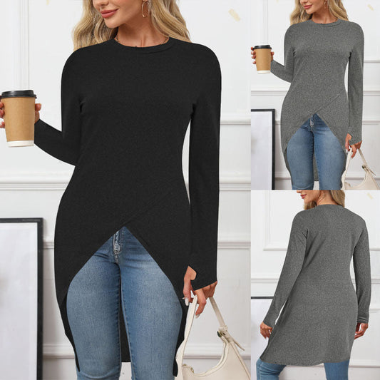 Women's asymmetric long tunic top with sophisticated wrap design WW