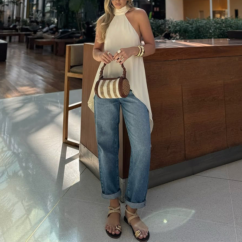 Women's asymmetric top with stand-up collar and flowing cut WW