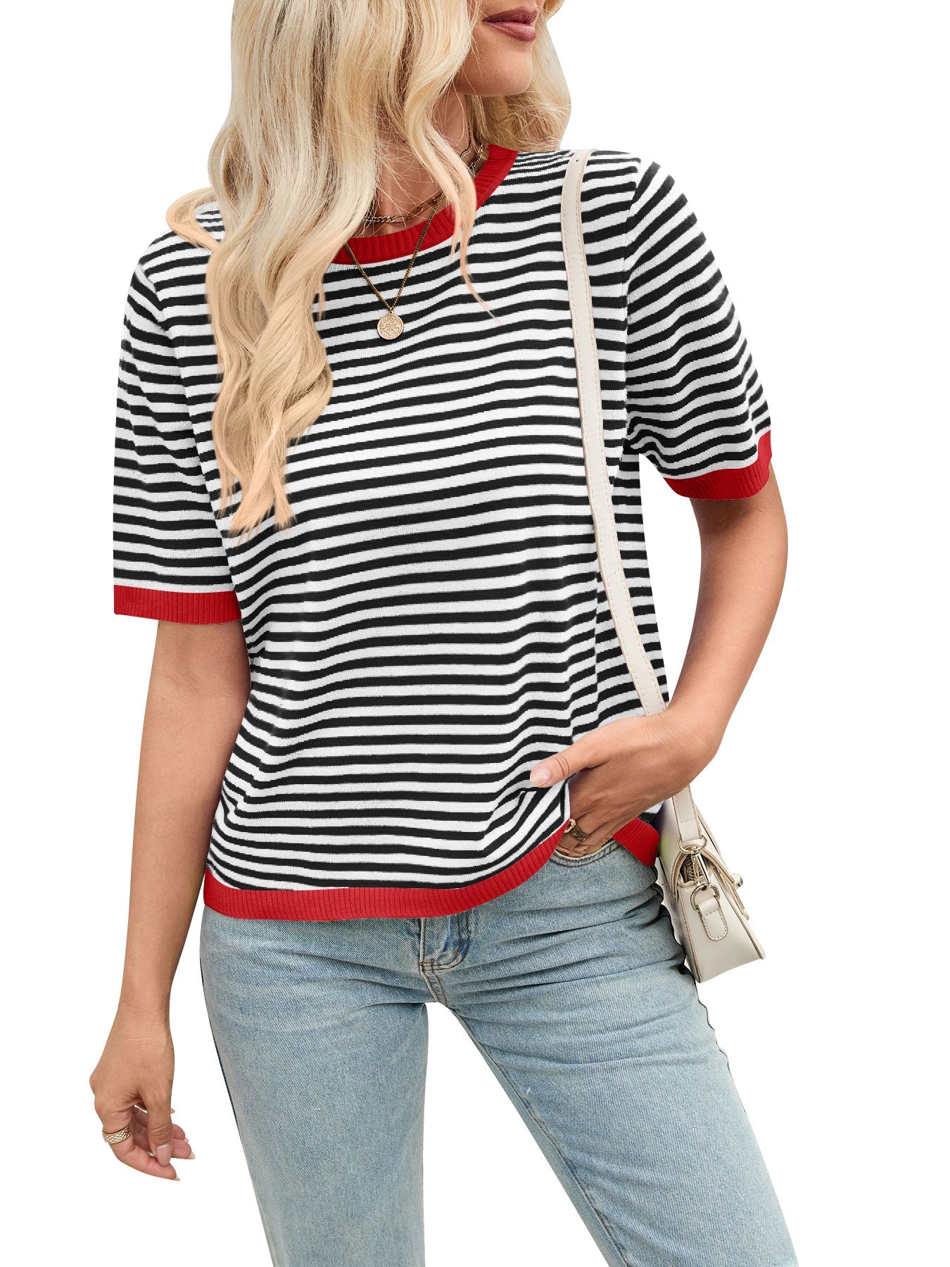 Women's comfortable striped leisure blouse with contrast collar WW
