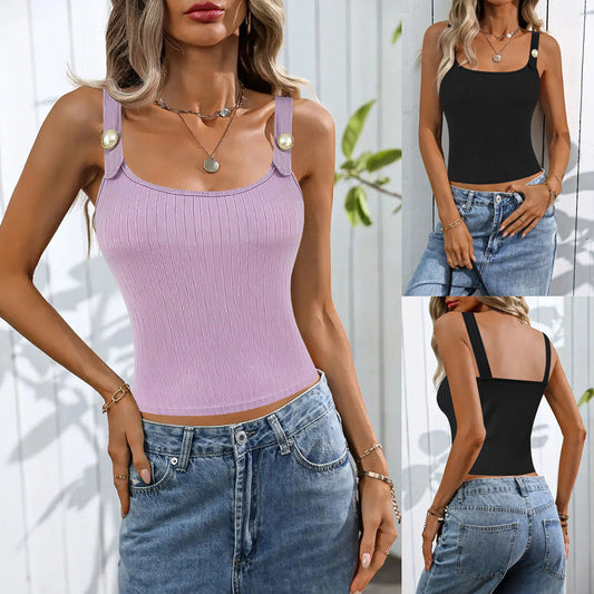 Women's sleeveless ribbed top with decorative button details WW