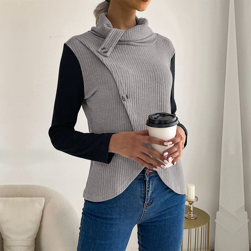 Women's asymmetric wrap top with high collar and decorative buttons WW