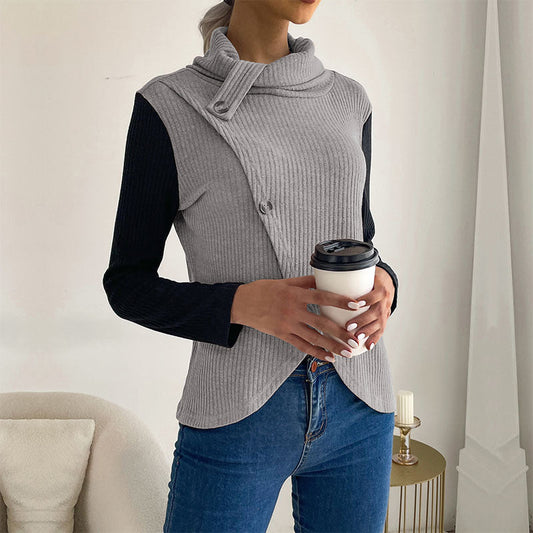 Women's asymmetric wrap top with high collar and decorative buttons WW