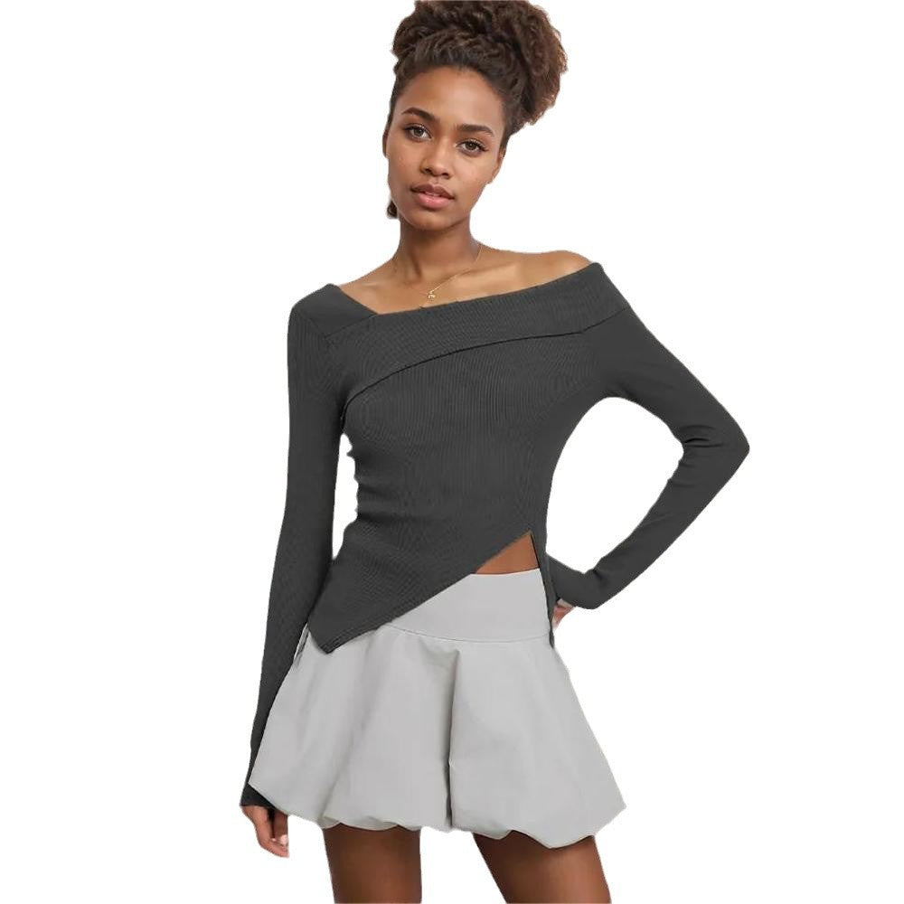 Women's asymmetric long-sleeved top with elegant wrap detail W&W