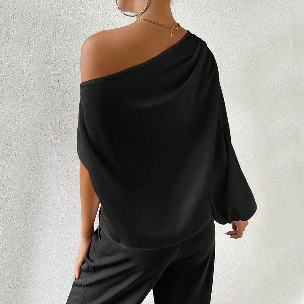 Women's asymmetric top with elegant puff sleeves and ruffles W&W