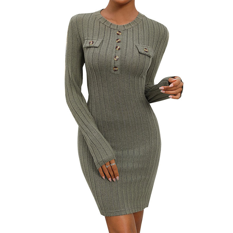 Women's knitted dress with button placket and practical breast pockets WW