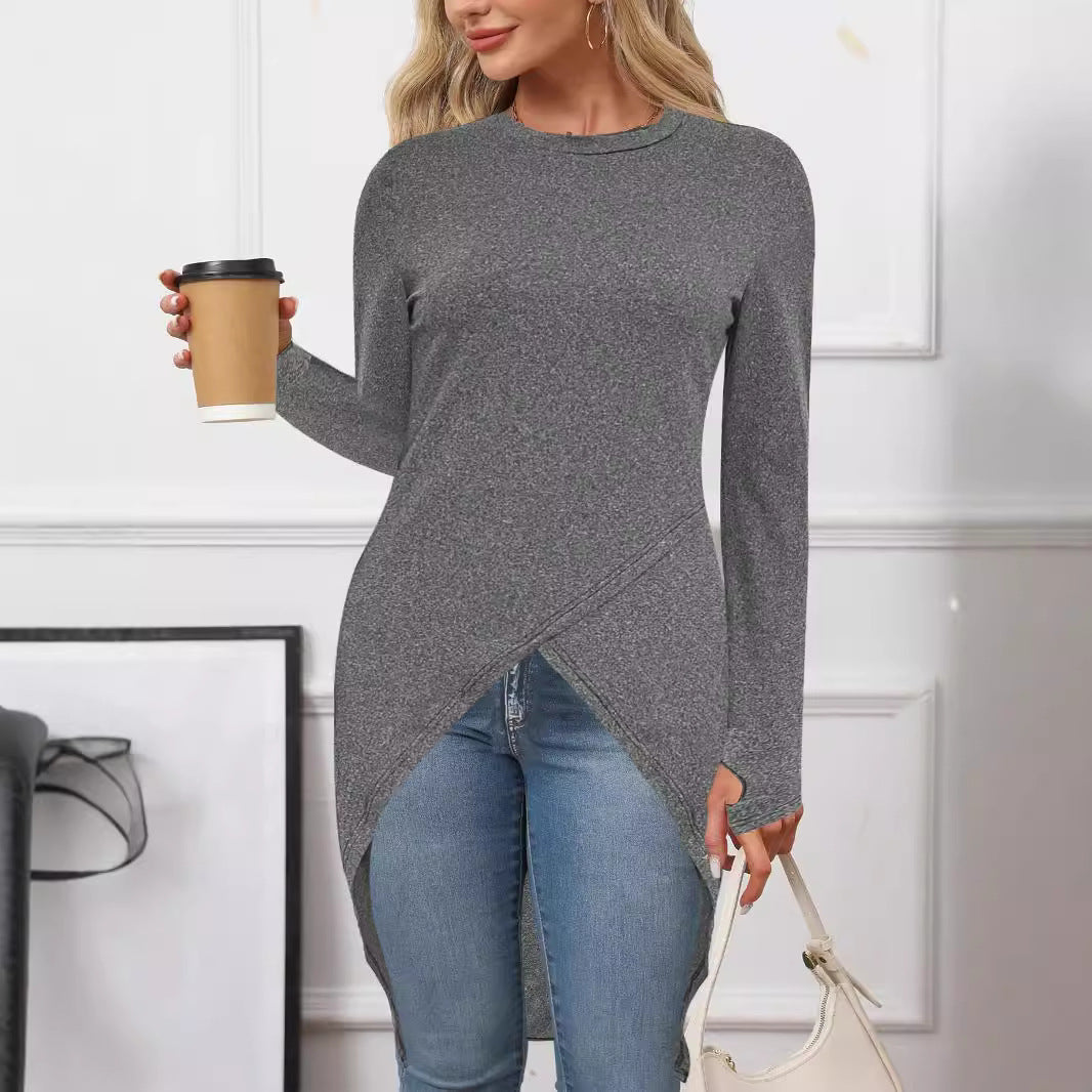 Women's asymmetric long shirt with practical wrap design and comfortable long sleeves WW