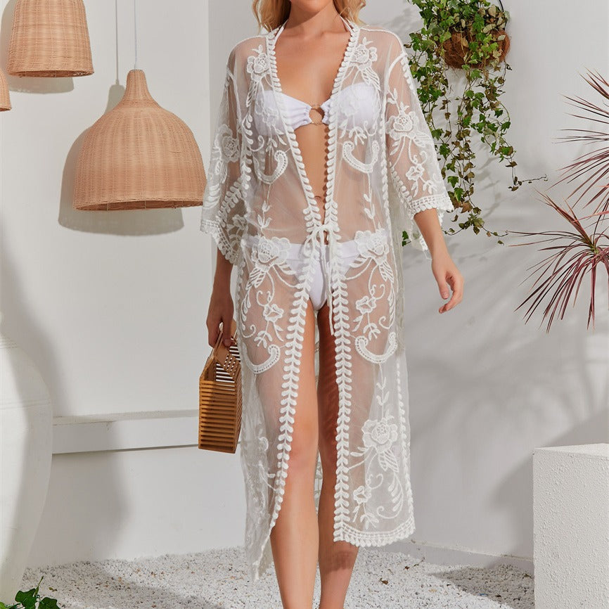 Women's beach kimono with floral embroidery and tie belt