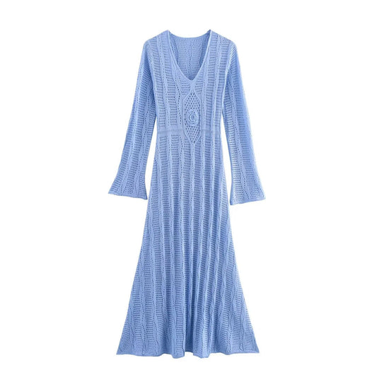 Women's knitted dress with unusual V-neck and wide trumpet sleeves
