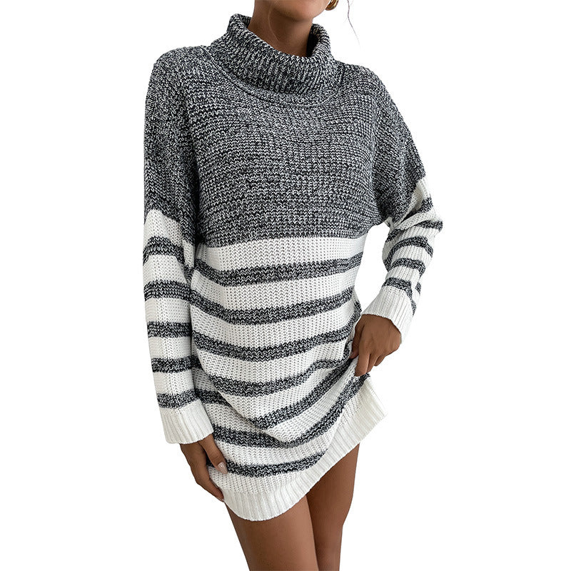 Women's knitted dress with high collar and striped design WW