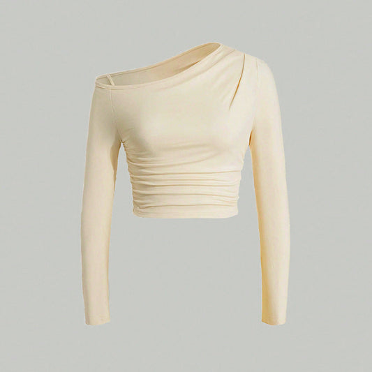 Women's asymmetric long-sleeved crop top with fashionable ruffles W&W