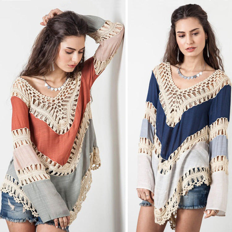 Women's beach poncho with artistic crochet design and loose sleeves