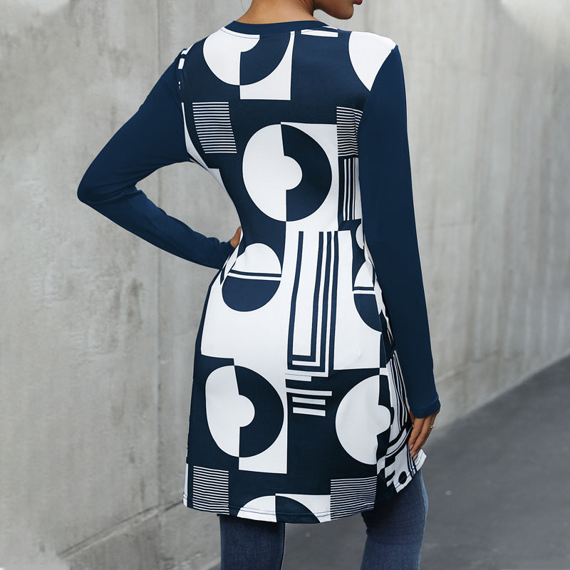 Women's asymmetric long-sleeved shirt with graphic print and fashionable knot WW