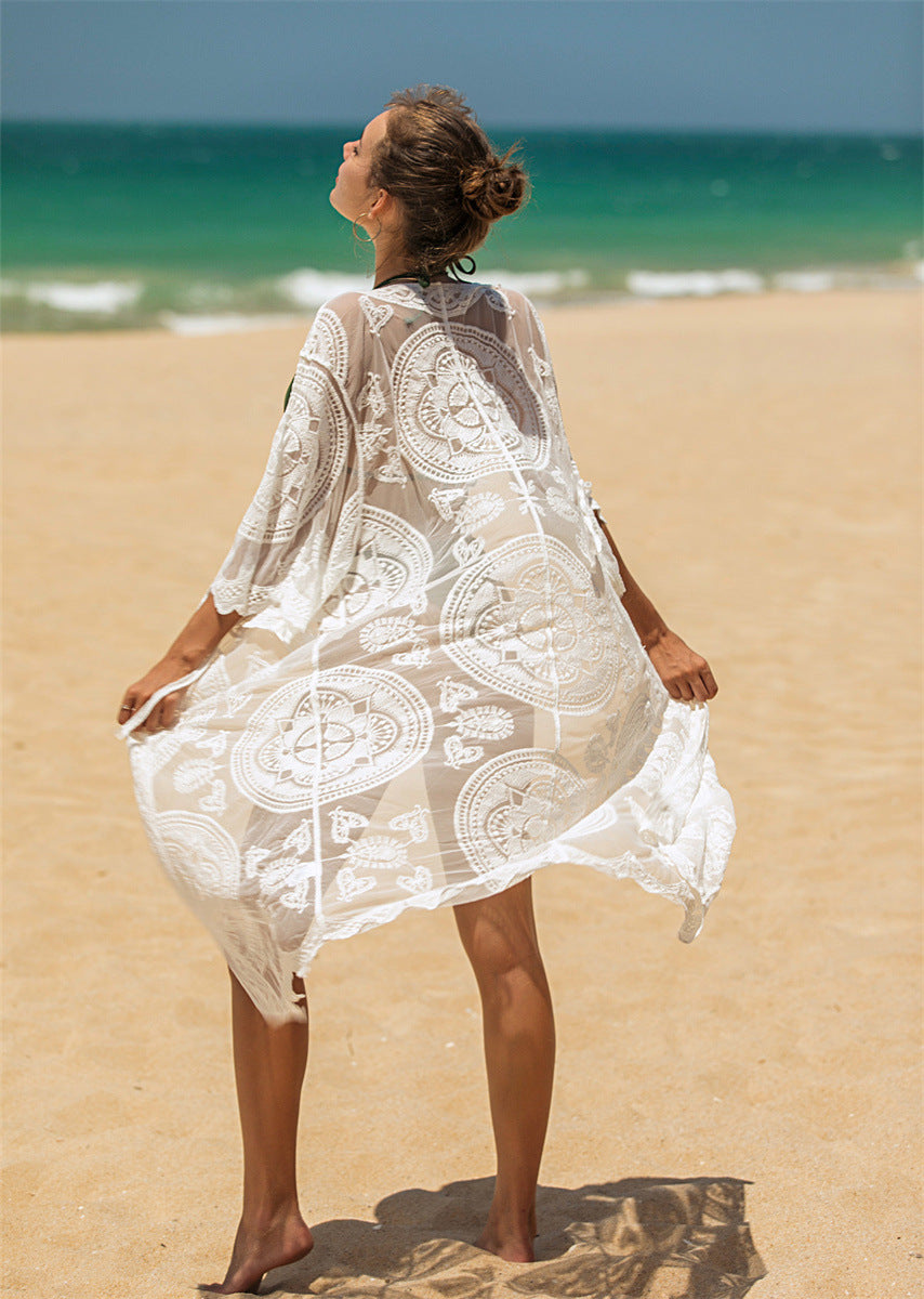 Women's airy beach kimono with detailed embroidery