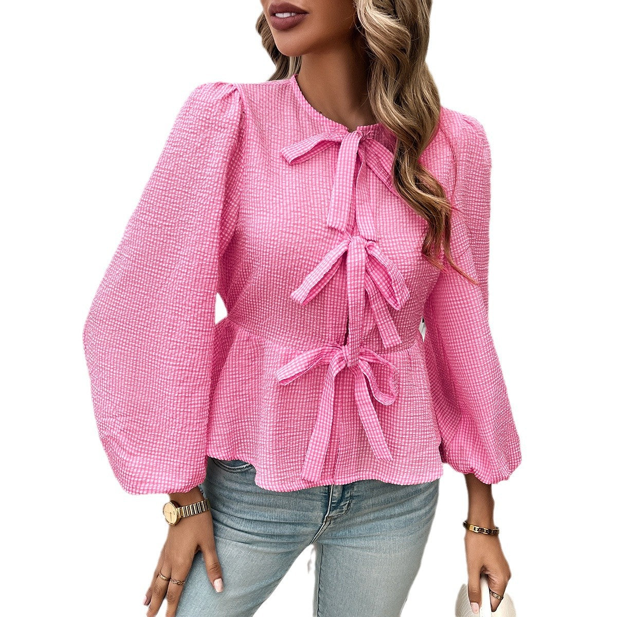 Women's blouse with decorative cuffs and flounced sleeves WW