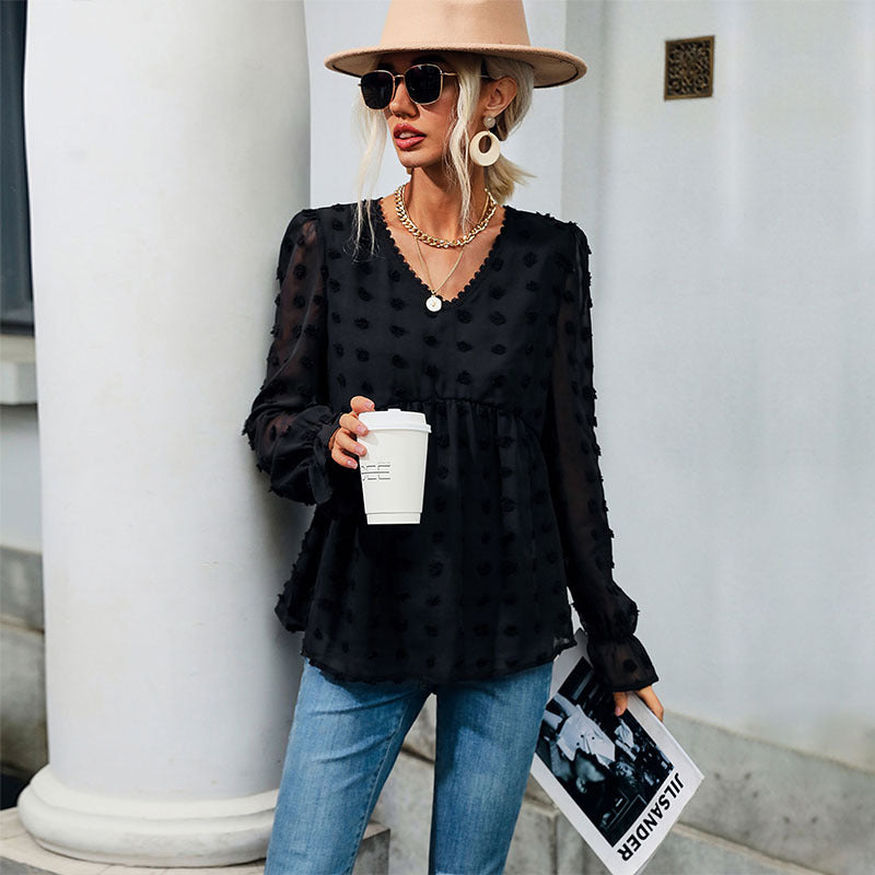 Women's blouse with openwork dots design and elegant puff sleeves WW