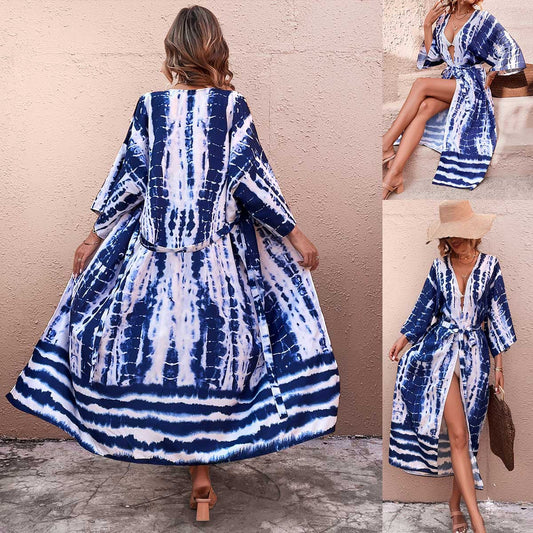Women's beach kimono with elegant deep V-neck and playful tie belt