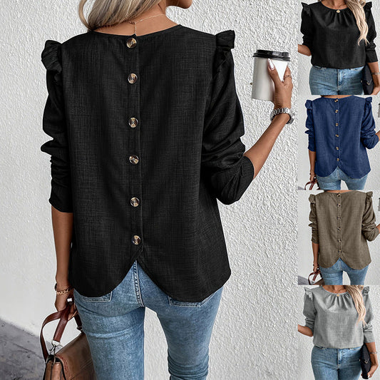 Women's blouse with decorative ruffled sleeves and elegant button placket WW