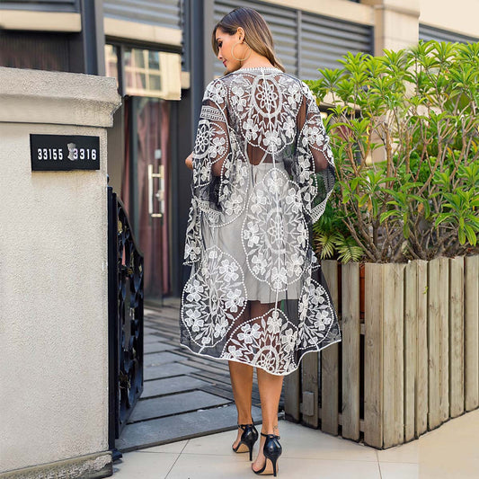 Women's transparent crochet robe with artistic embroidery