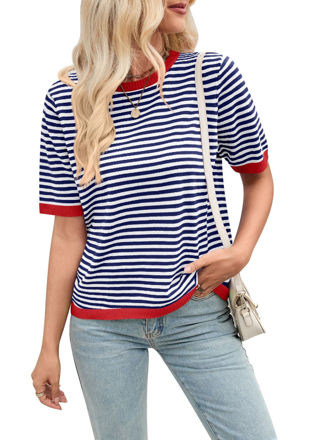 Women's comfortable striped leisure blouse with contrast collar WW
