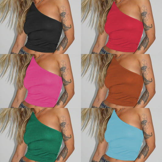 Women's asymmetric crop top made of stretch fabric with a slim fit WW