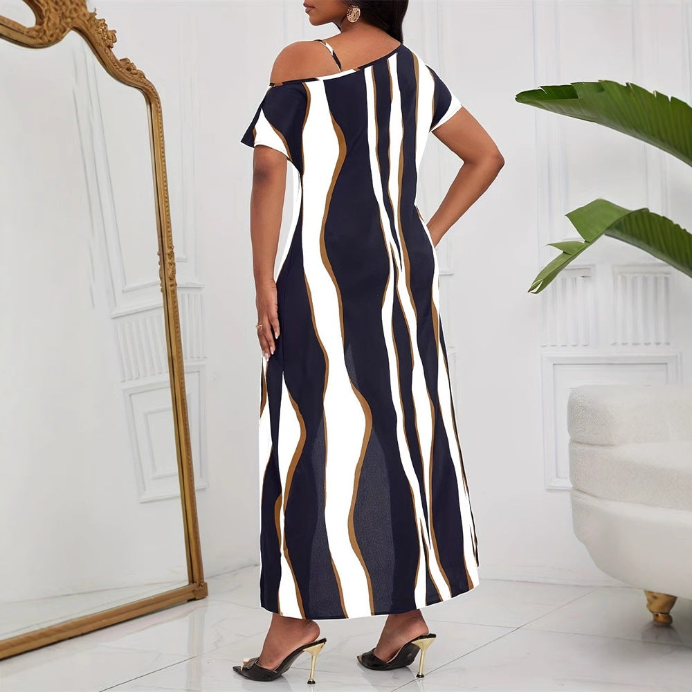 Women's asymmetric top with side slit and fashionable striped pattern W&W
