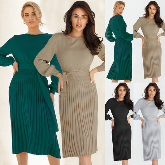 Women's knitted dress with adjustable belt and long sleeves WW