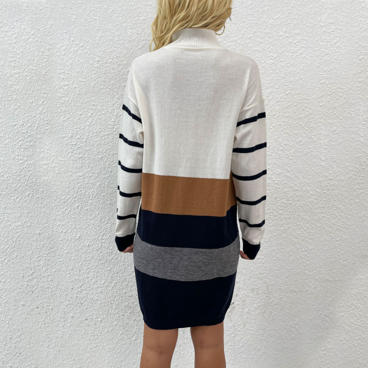 Women's knitted dress with fashionable striped pattern and comfortable round neck WW
