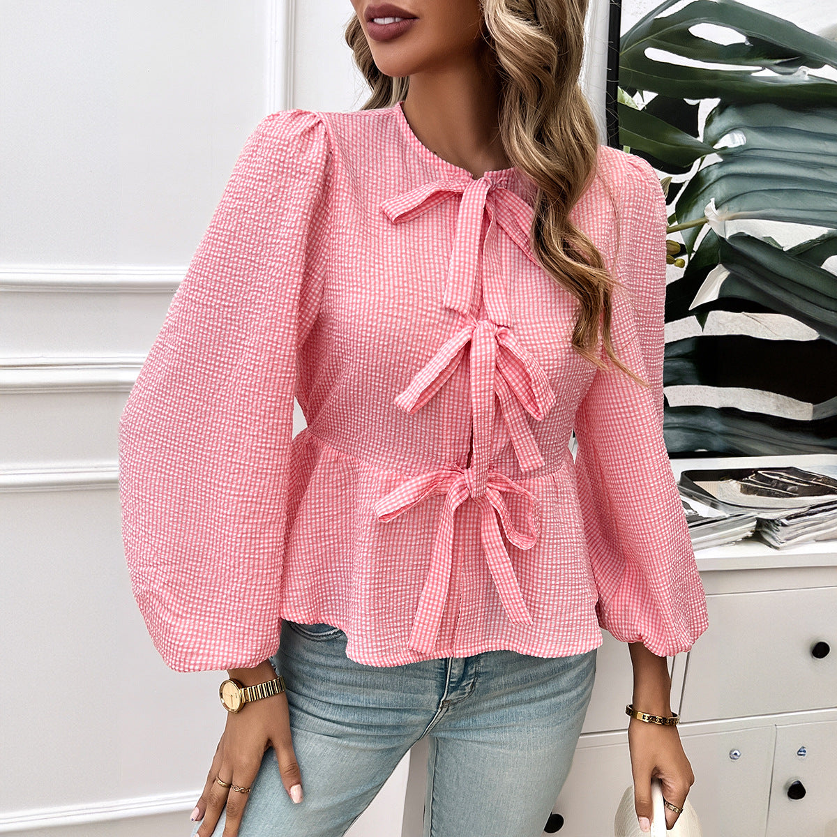 Women's blouse with decorative cuffs and flounced sleeves WW