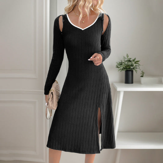 Women's knitted dress with deep V-neck and side slit WW