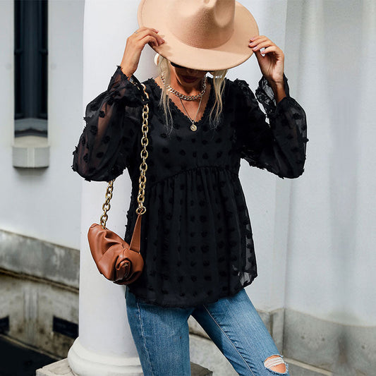 Women's blouse with openwork dots design and elegant puff sleeves WW