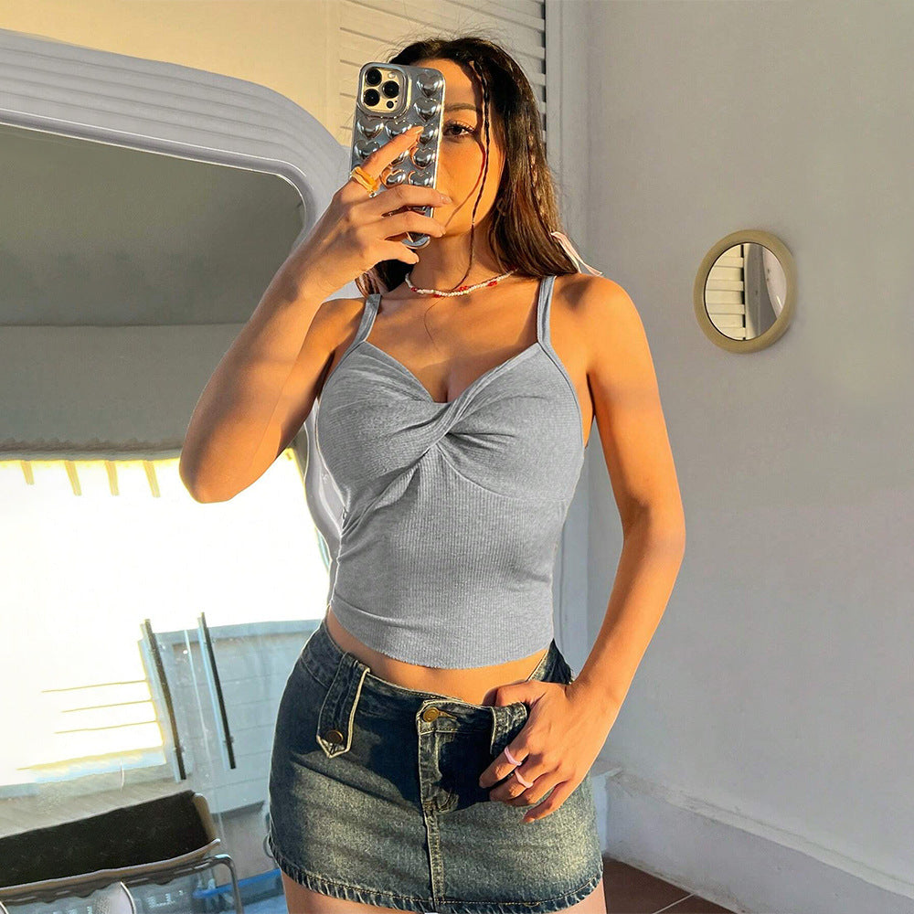 Women's asymmetrical wrap crop top with fashionable ring detail W&W