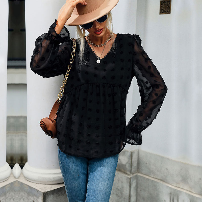 Women's blouse with openwork dots design and elegant puff sleeves WW