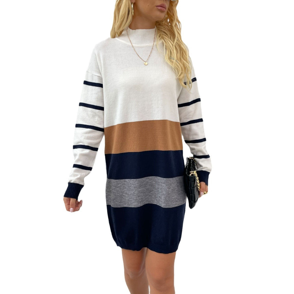 Women's knitted dress with fashionable striped pattern and comfortable round neck WW