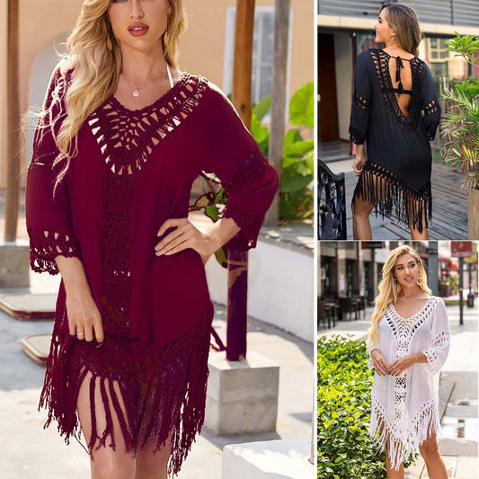 Women's beach cover-up with artistic crochet pattern and crocheted fringes