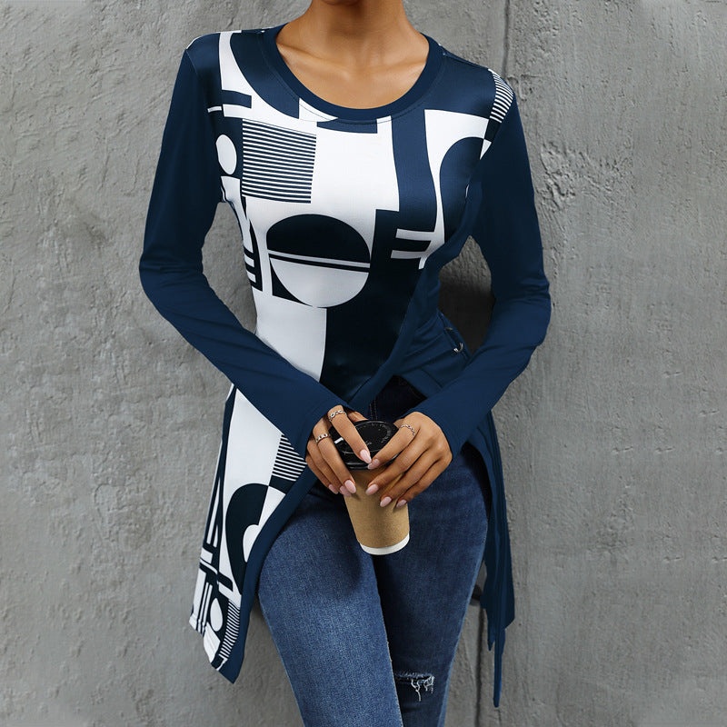 Women's asymmetric long-sleeved shirt with graphic print and fashionable knot WW