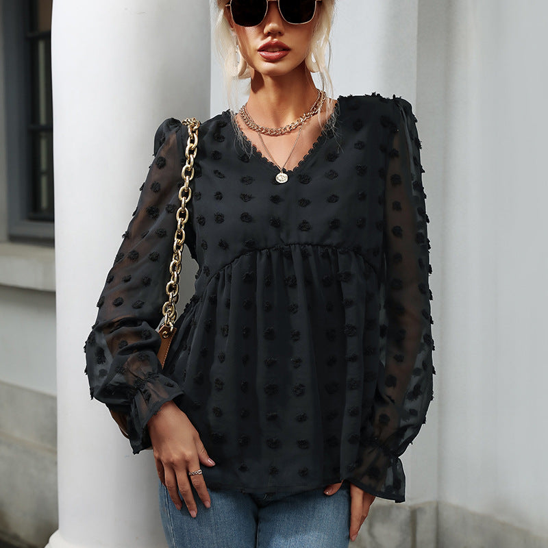 Women's blouse with openwork dots design and elegant puff sleeves WW