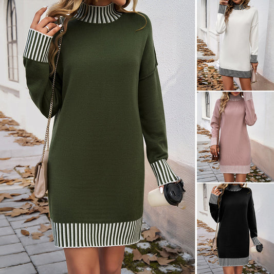 Women's knitted dress with high collar and striped sleeves WW