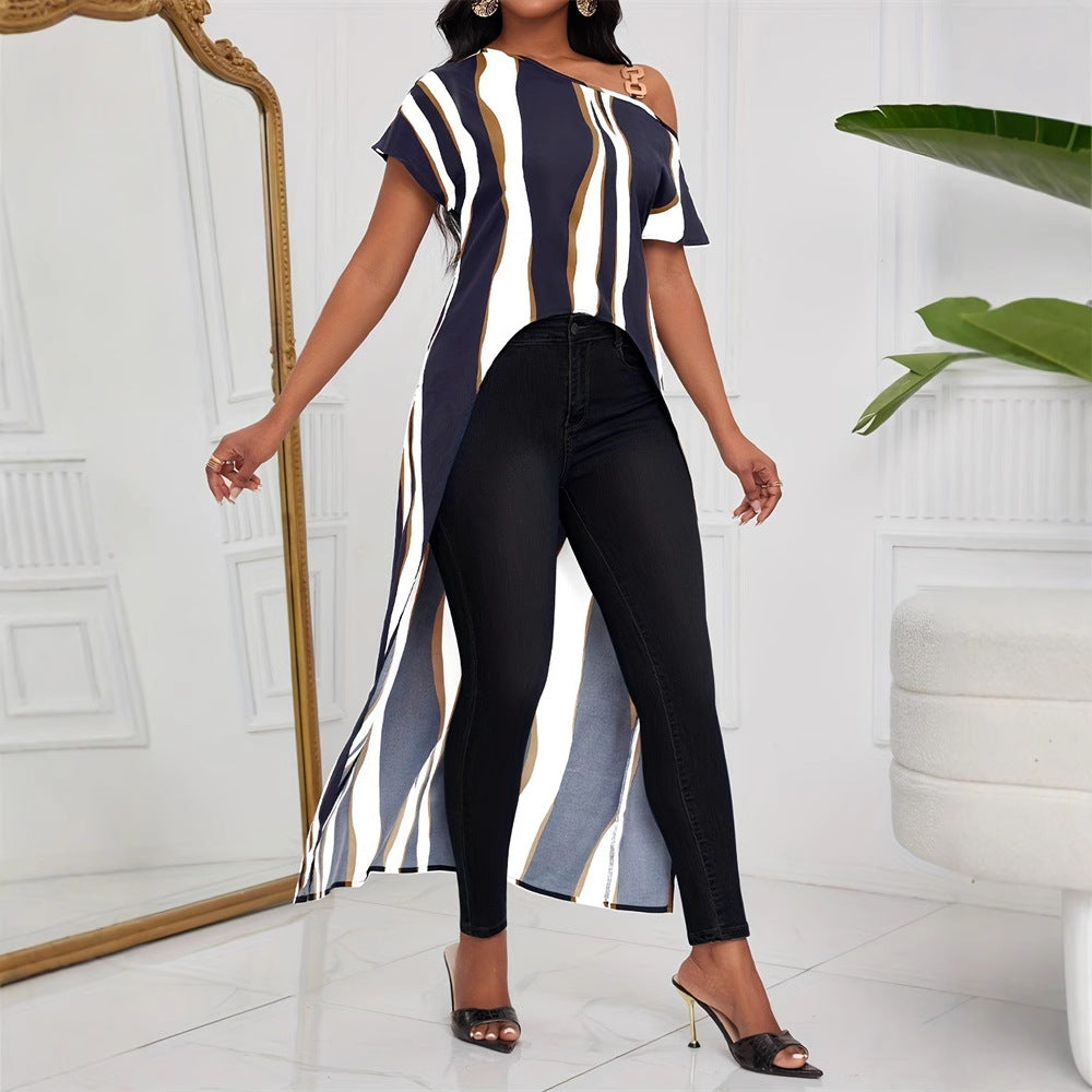 Women's asymmetric top with side slit and fashionable striped pattern W&W