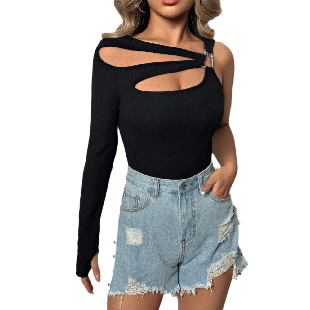 Women's asymmetric top with creative cut-out and elegant buckle W&W