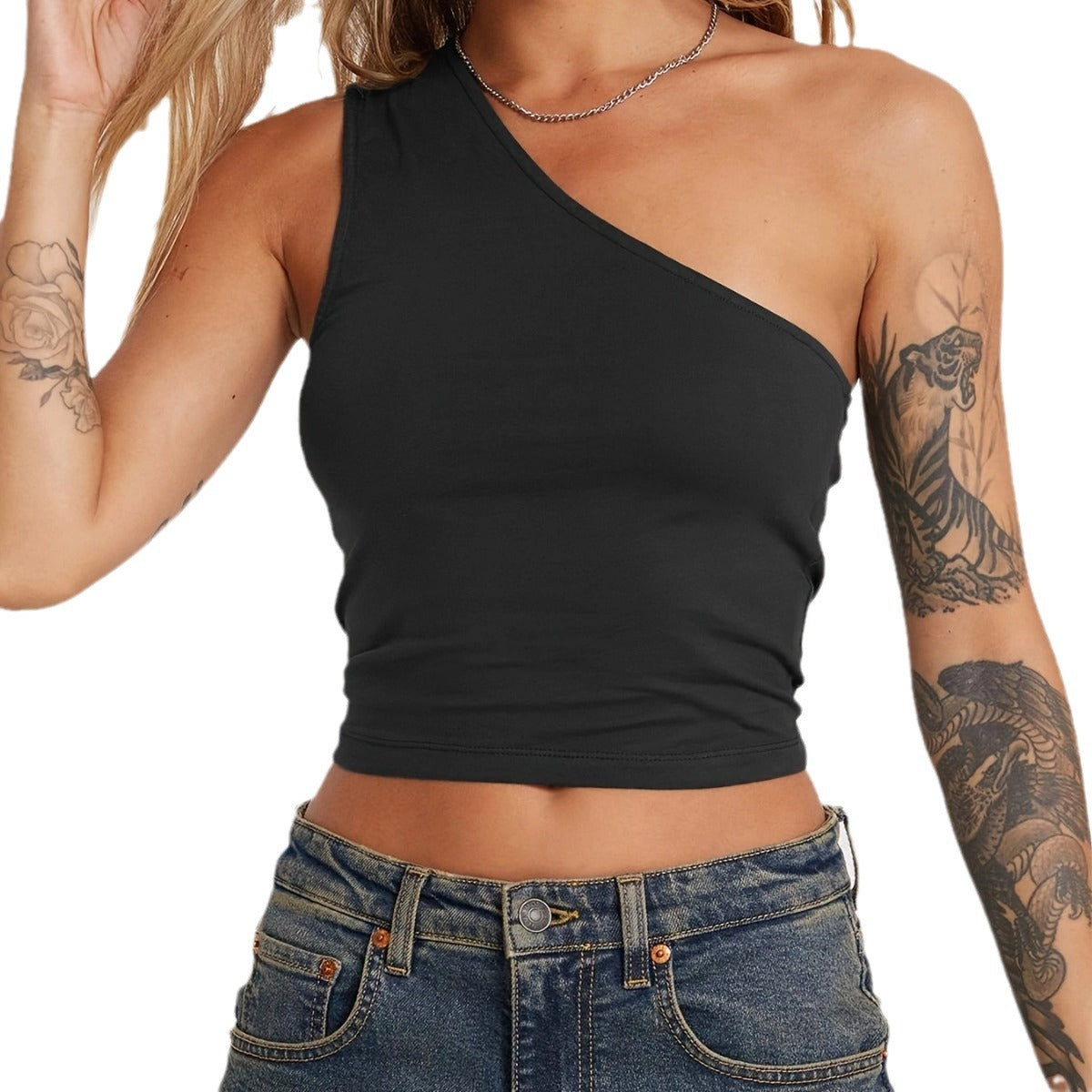 Women's asymmetric crop top made of stretch fabric with a slim fit WW